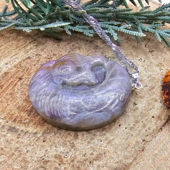 Nature Labradorite Carved Flashy Nine Tails fox On Moon Pendant Necklace - Picture 7 of 10